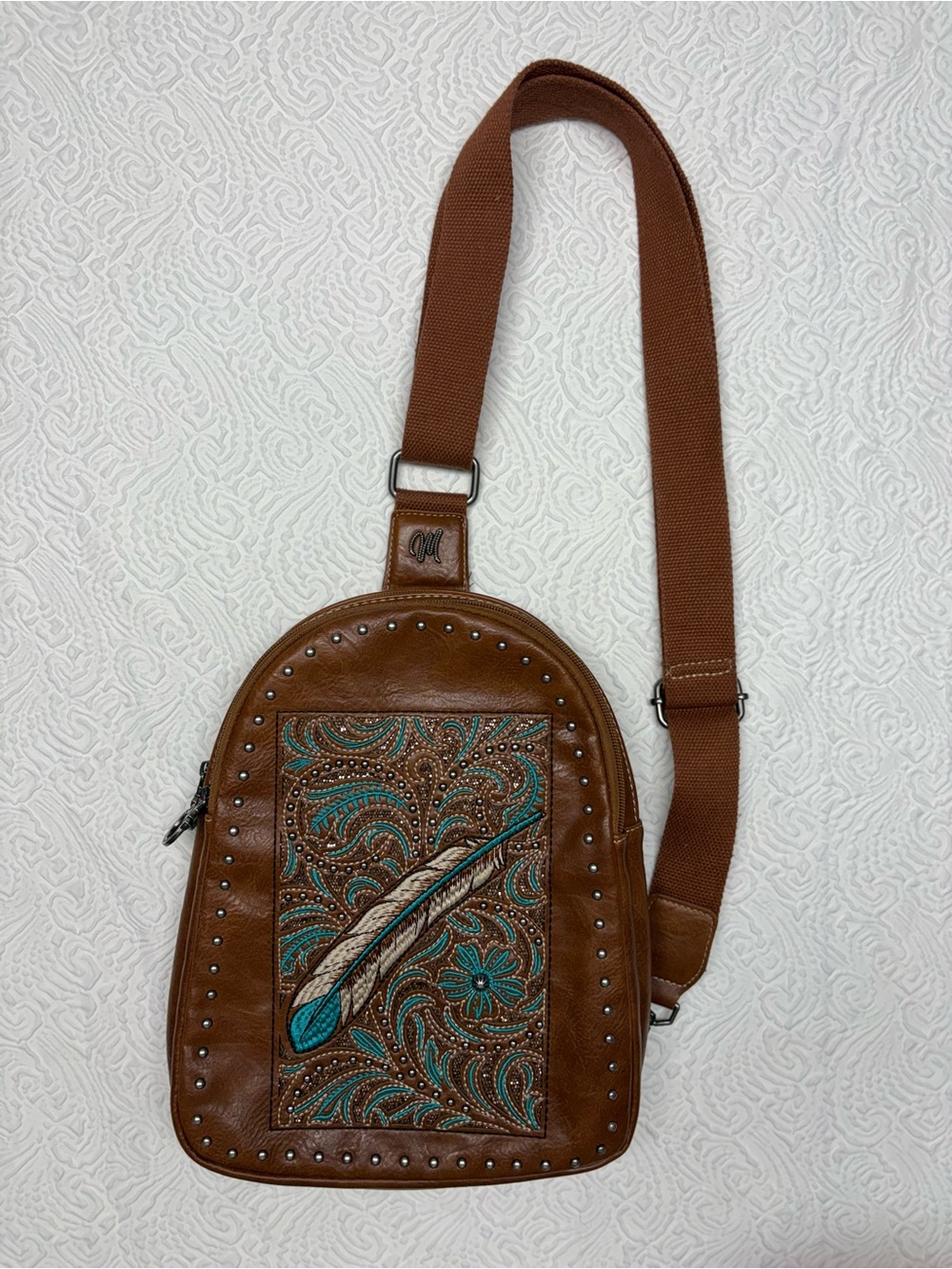 Montana West Brown Crossbody Bag with Turquoise Feather Accent